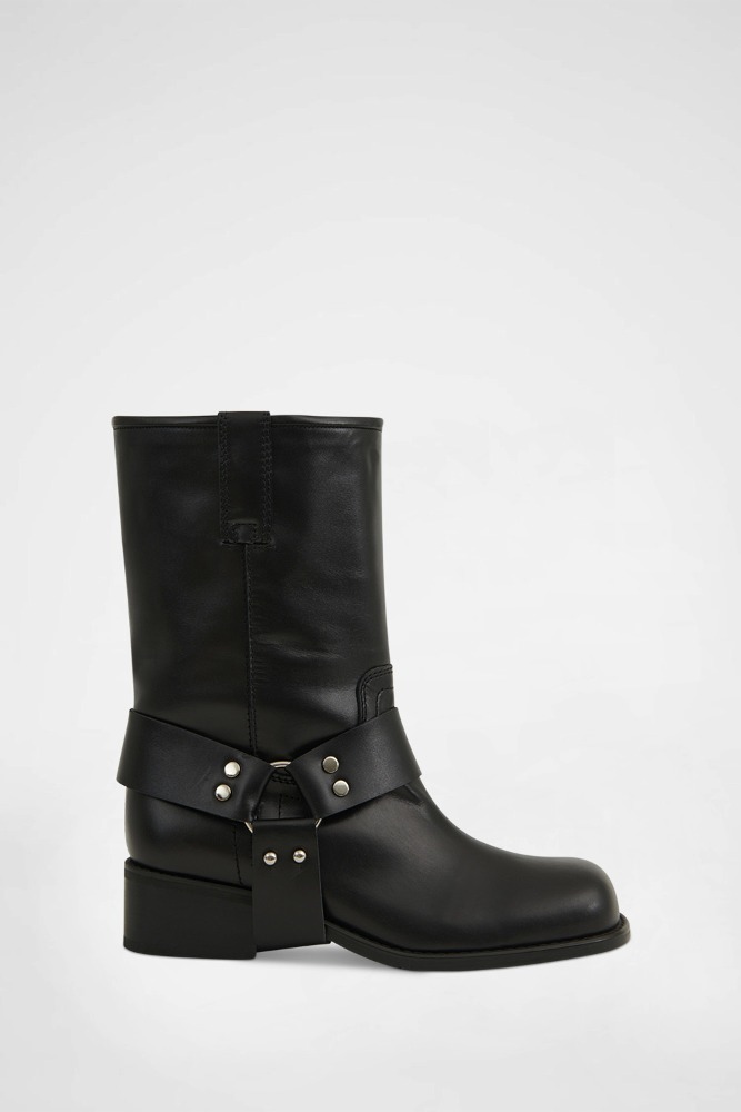 COW LEATHER MID BIKER BOOTS (2-WAY) / BLACK